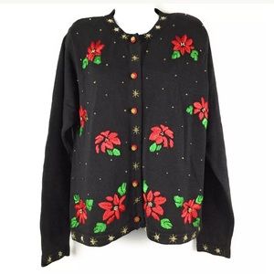 Christmas Sweater Womens M Black Poinsettias Beads